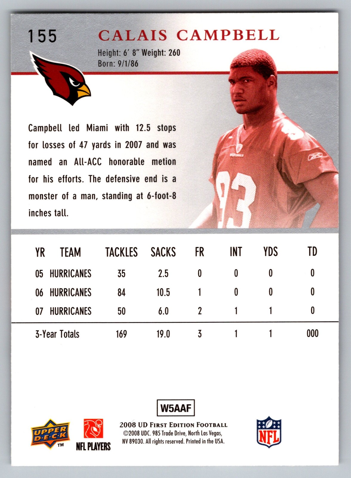 2008 Upper Deck First Edition #155 Calais Campbell Rookie