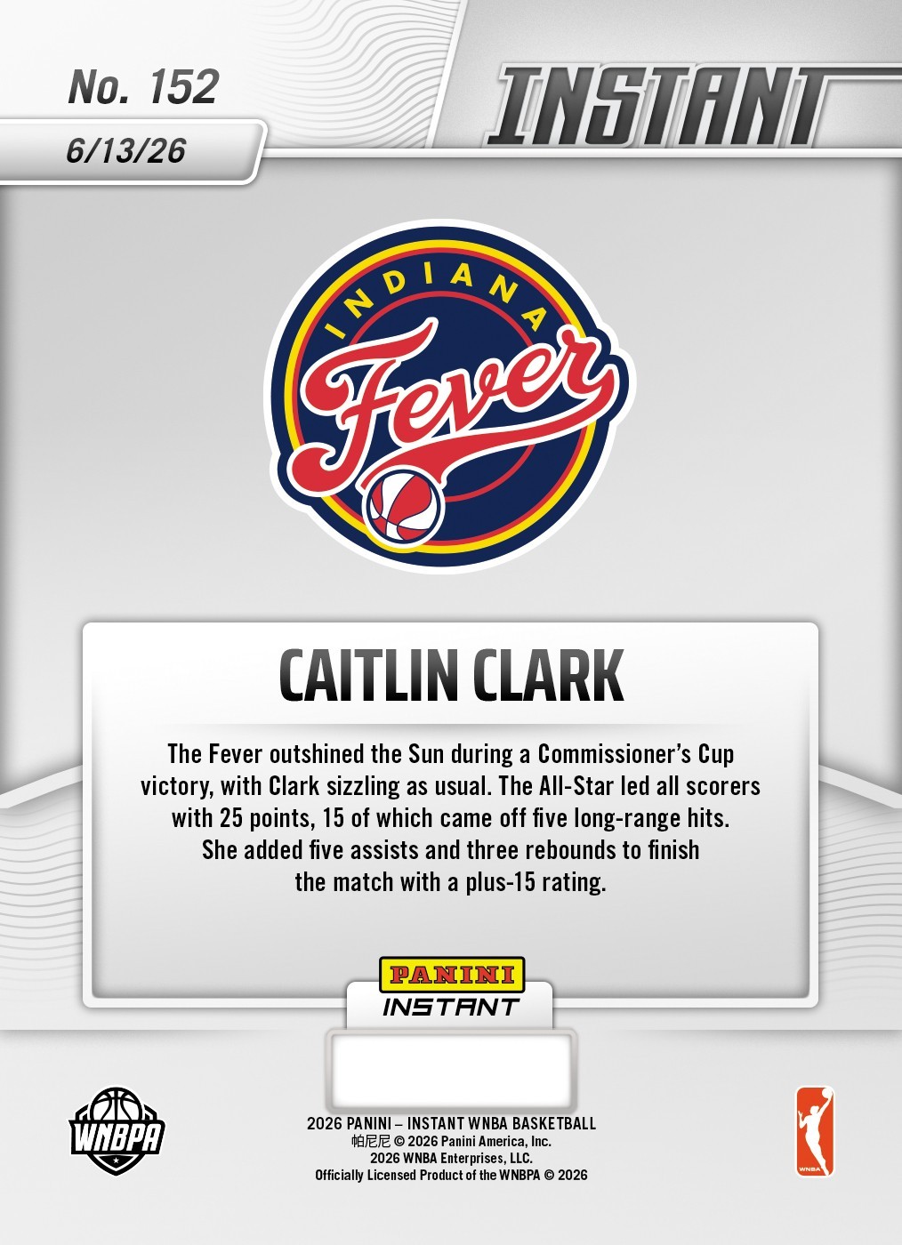 *PRESALE* 2026 Panini Instant WNBA Caitlin Clark #152 ~ Indiana Fever