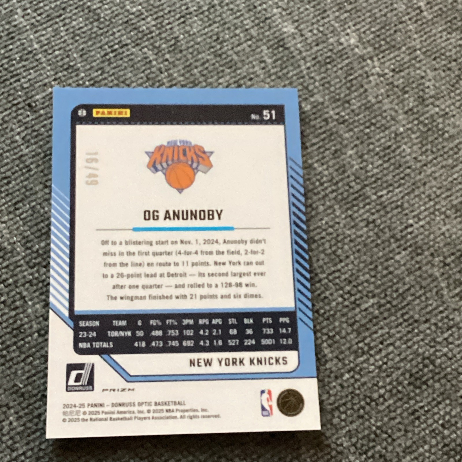 2024-25 Panini Donruss Optic – OG Anunoby #51 Blue Prizm /49