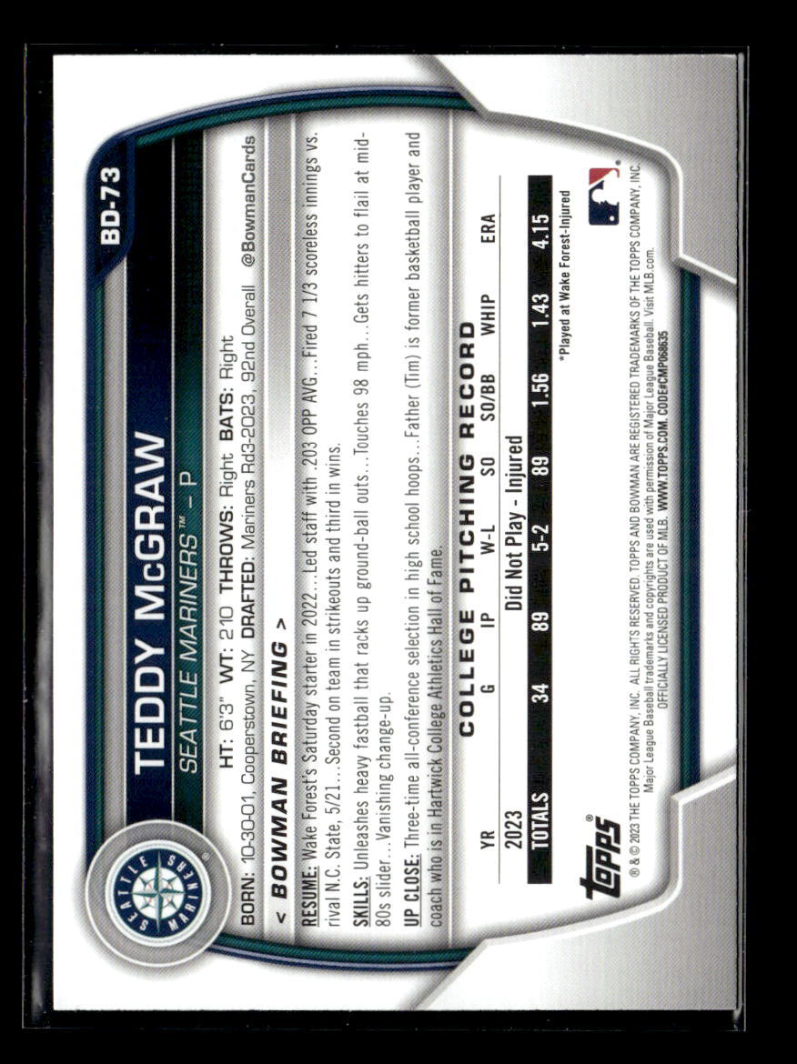 2023 Bowman Draft Paper Teddy McGraw Seattle Mariners 1st #BD-73 5 Card Lot