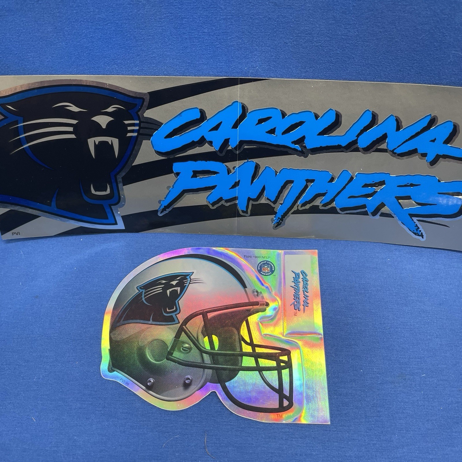 Vintage Carolina Panthers Bumper Sticker Decal PAIR 8.5x3in Long 3x3in Helmet