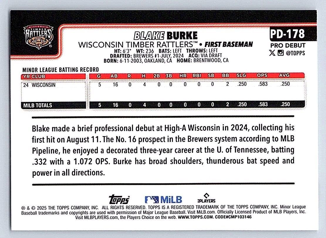BLAKE BURKE RATTLERS 2025 TOPPS PRO DEBUT #PD-178