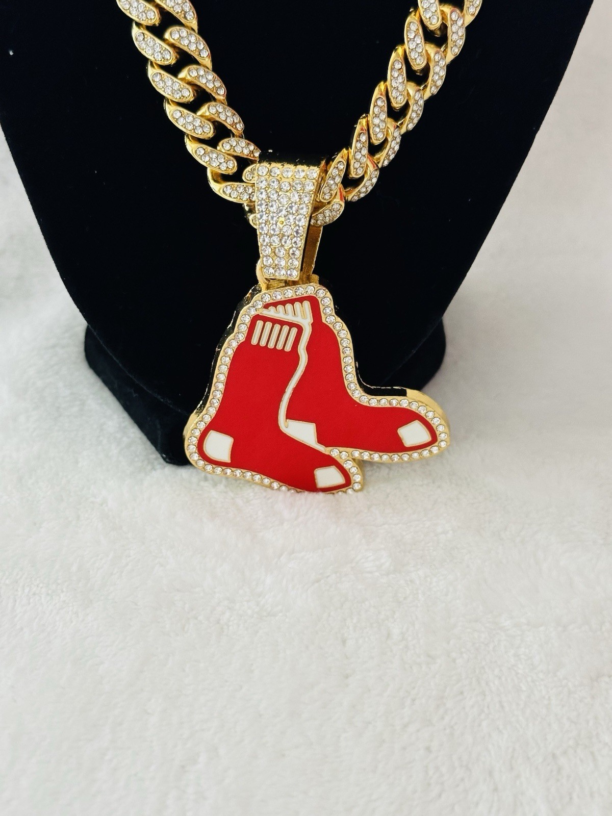 BOSTON RED SOX GEM NECKLACE Gold MLB Team Bling Pendant & 24″ Chain, US SHIP