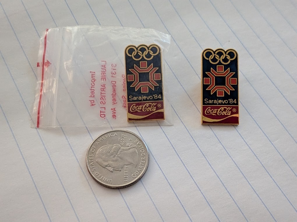 1984 SARAJEVO COKE COCA COLA WINTER OLYMPIC GAMES PINS SET OF 2
