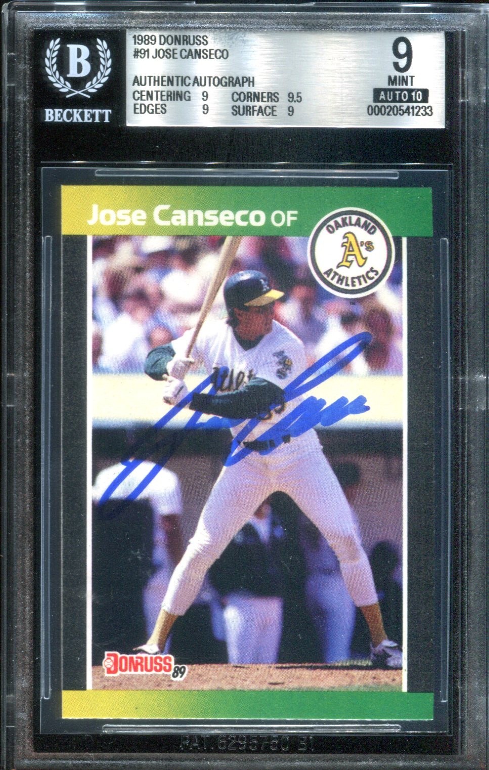 1989 Donruss #91 Jose Canseco signed auto card BGS BAS 9 10