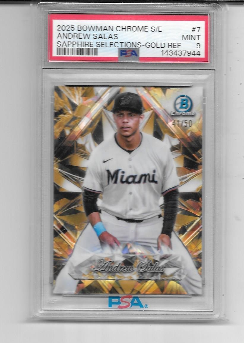 2025 BOWMAN CHROME SAPPHIRE ANDREW SALAS RC SELECTIONS GOLD # 41/50 MINT PSA 9