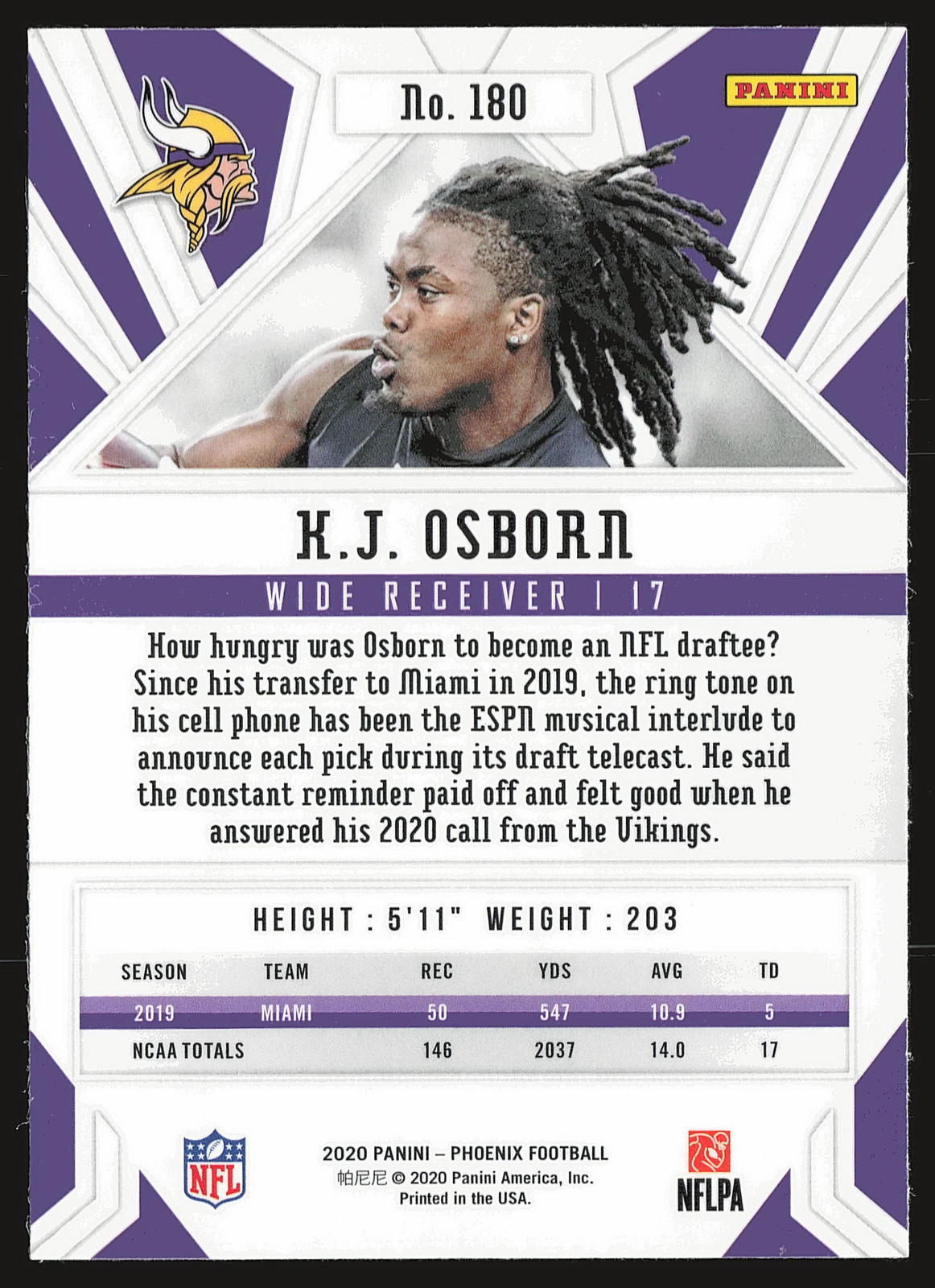 2020 Panini Phoenix #180 K.J. Osborn Fire Burst RC