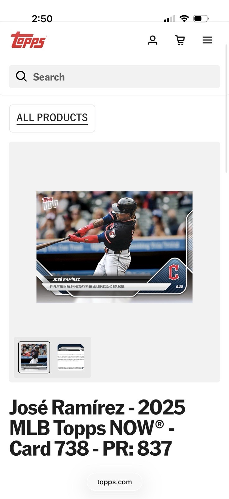 2025 Topps Now 738 Jose Ramirez 9/20/25 4th with multiple 30/40 season PR /837