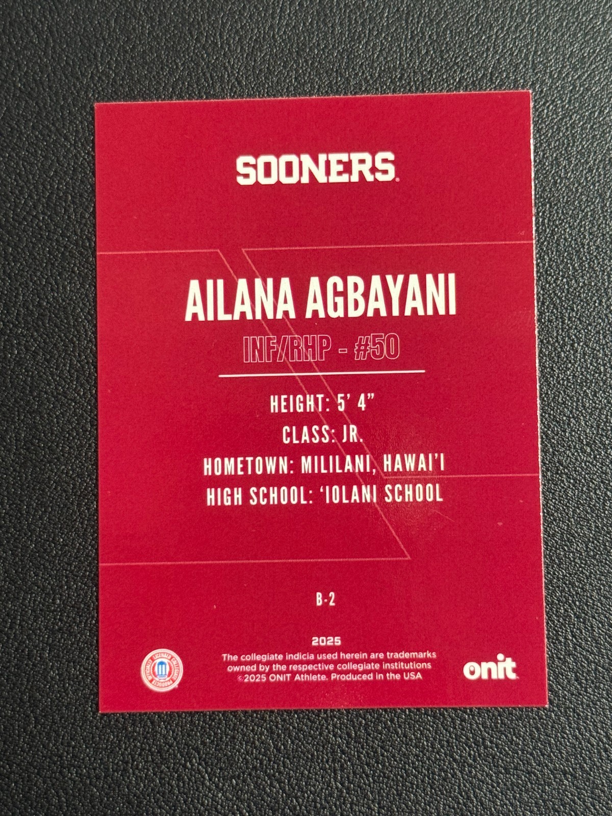 Ailana Agbayani #B-2 Red 2025 ONIT Oklahoma Softball Rookie