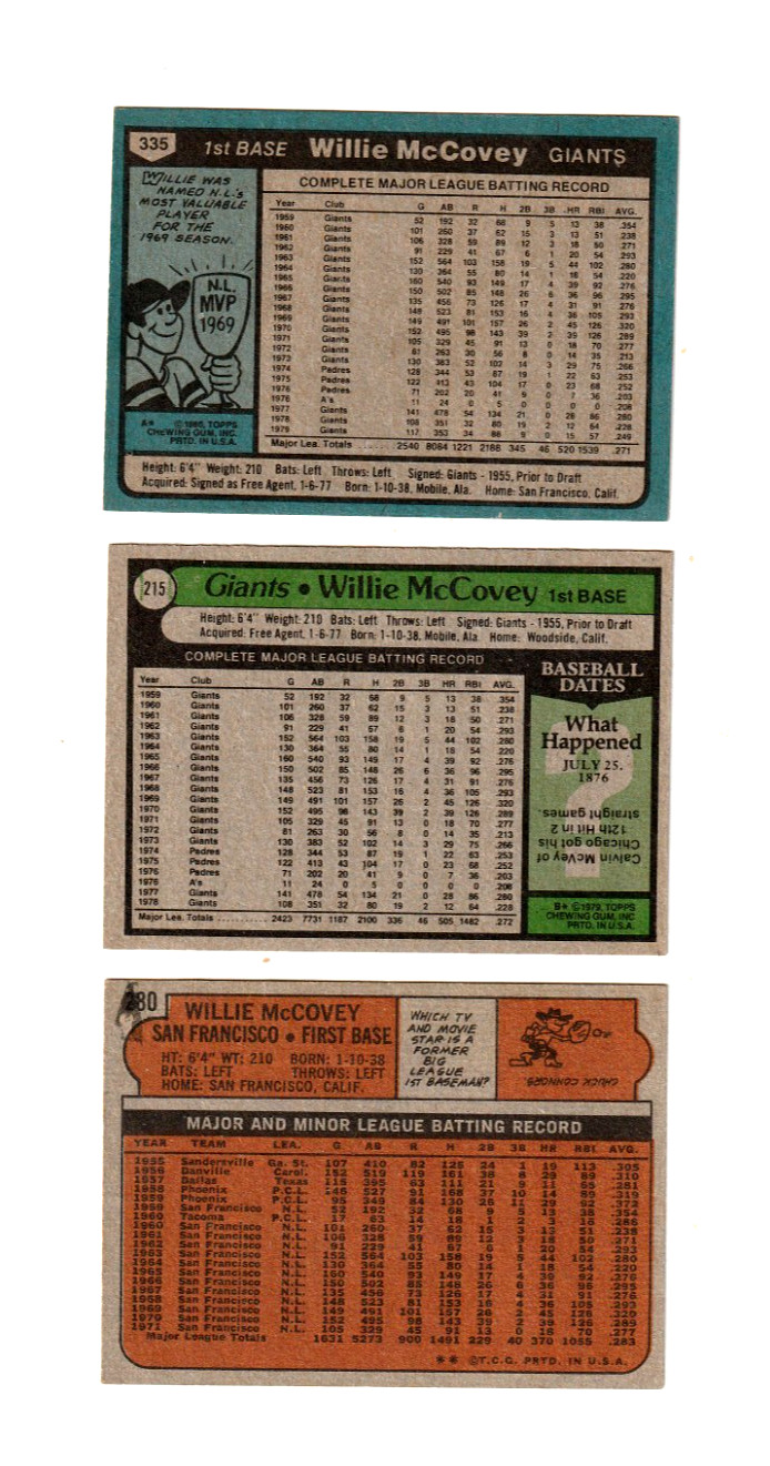 1972 Topps Baseball Willie McCovey (3) 1979 &1980