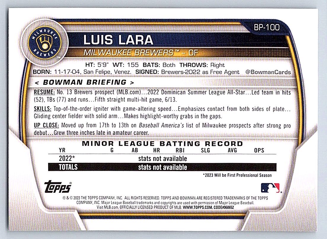 LUIS LARA BREWERS RC 1st card 2023 BOWMAN PROSPECTS #BP-100