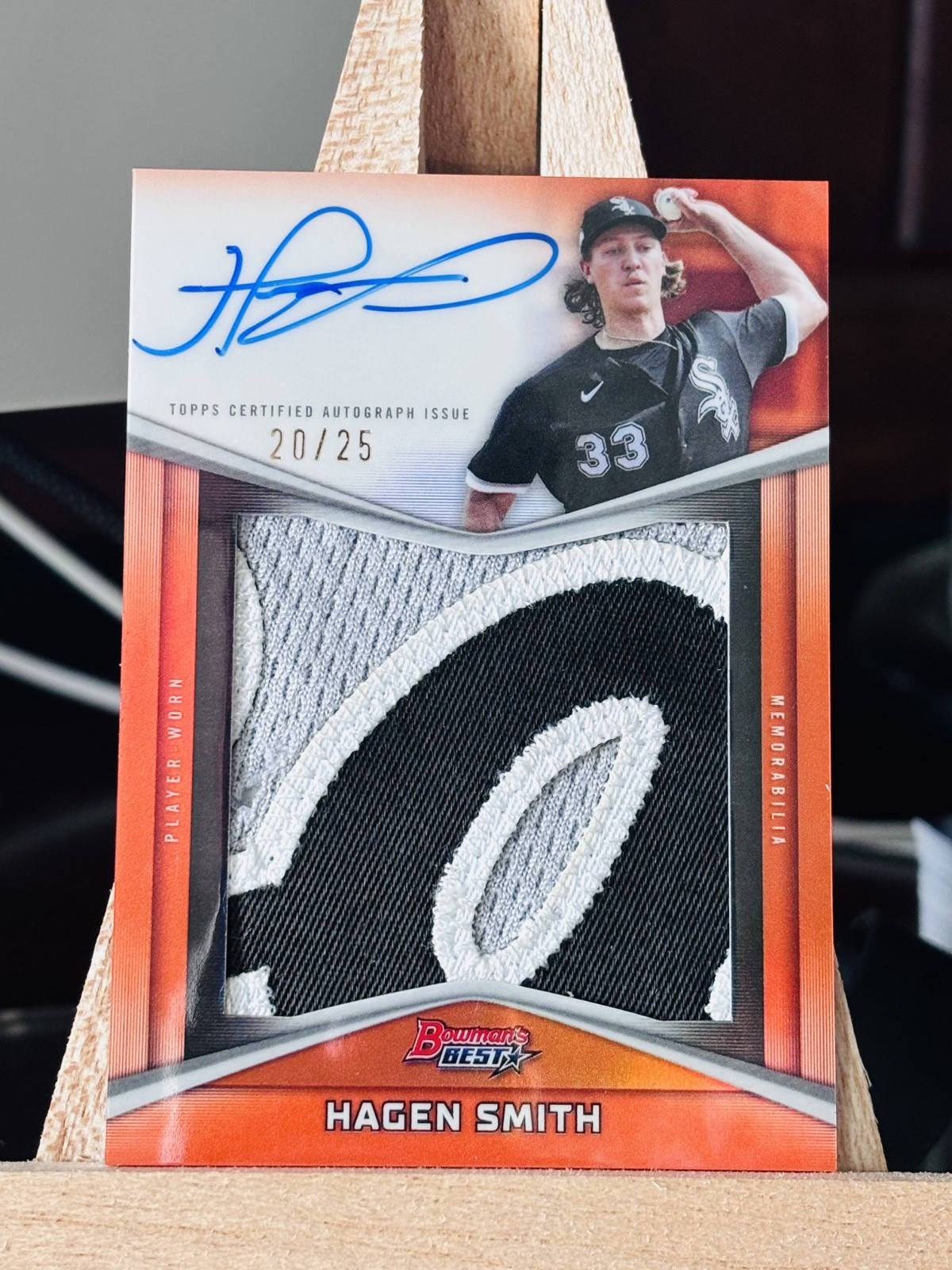 Hagen Smith 2025 Bowman’s Best Player Worn 3 Color Patch Auto /25 White Sox