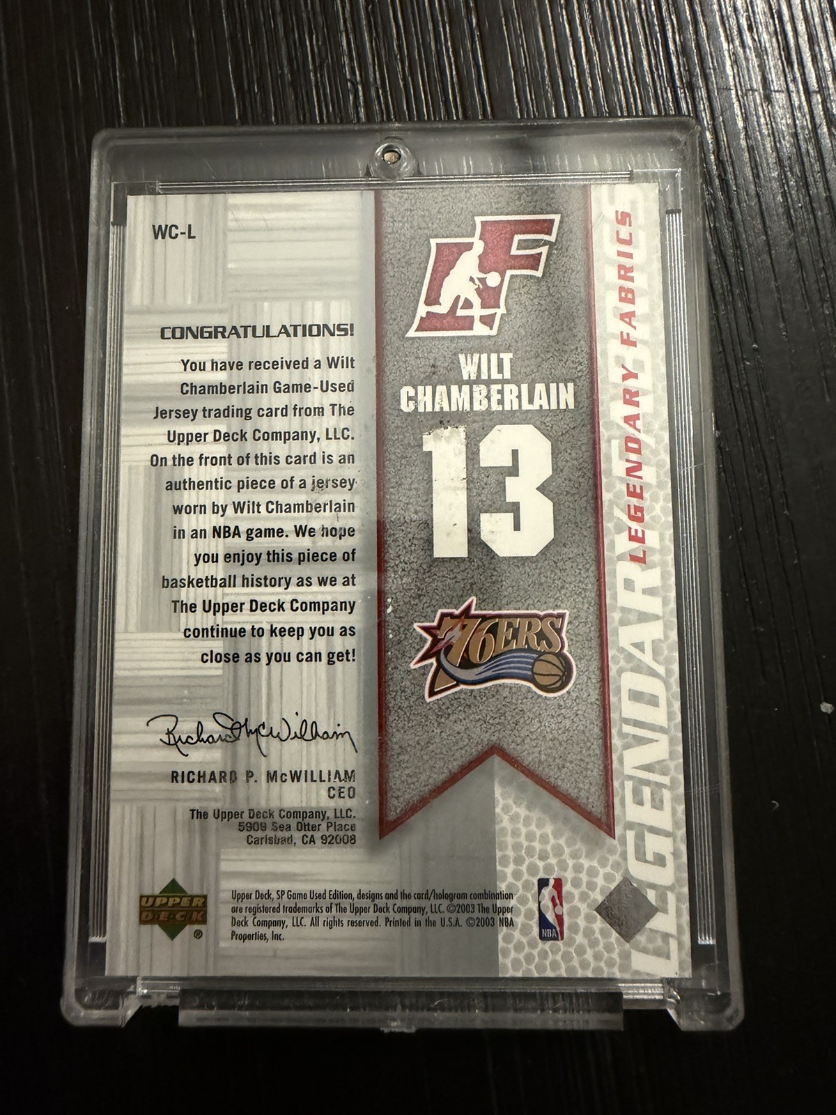 2003-04 SP GAME USED JERSEY PATCH WILT CHAMBERLAIN LEGENDARY FABRICS #WCL