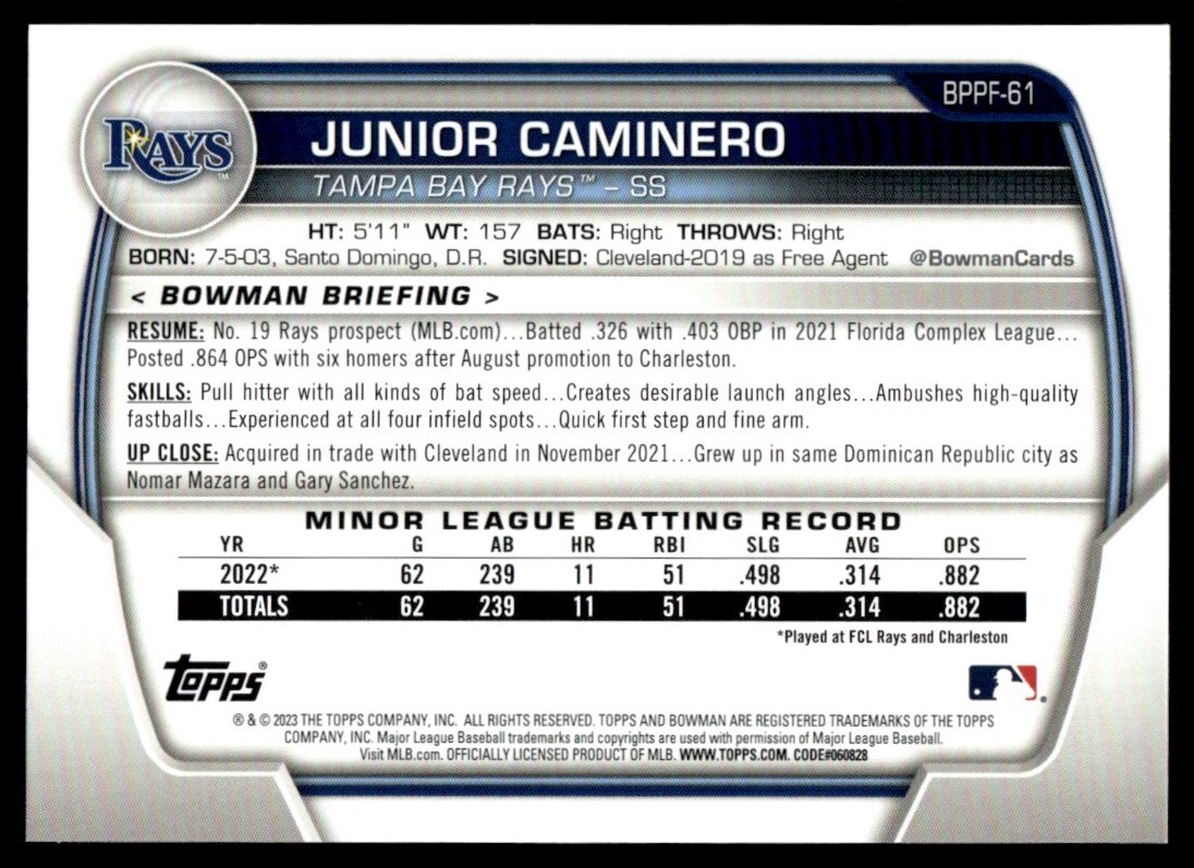 2023 Bowman 1st Edition Junior Caminero Tampa Bay Rays #BPPF-61