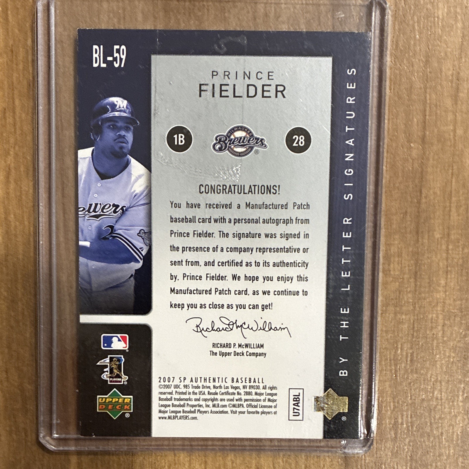 Upper Deck 2007 SP Authentic Prince Fielder Brewers Auto Patch BL-59 03/25