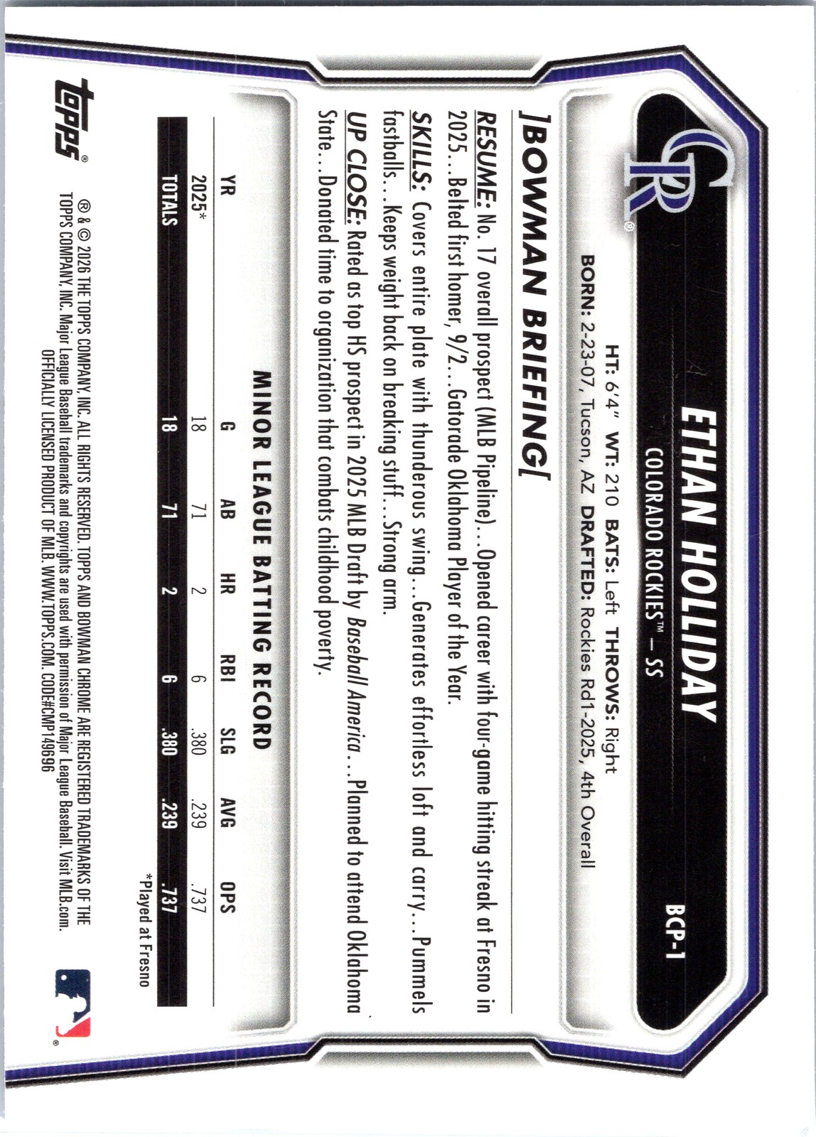 2026 Bowman #BCP-1 Ethan Holliday Chrome Prospects Mojo Refractor