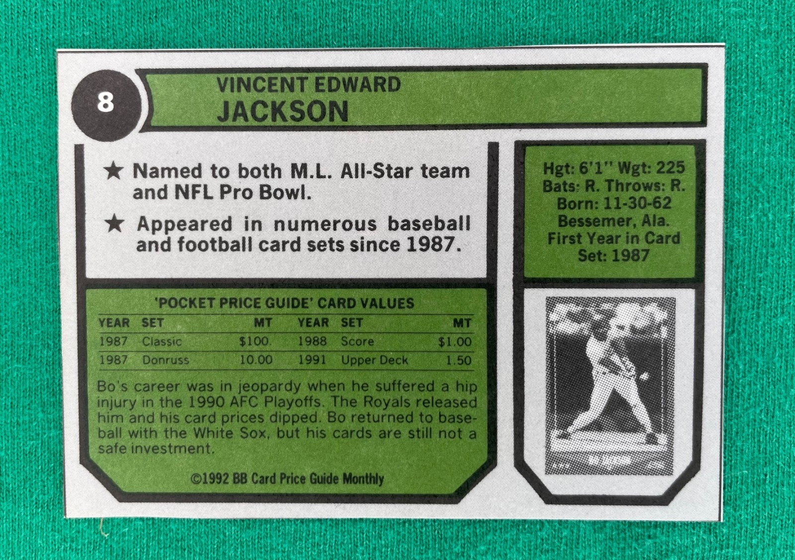 Bo Jackson 1992 BB Card Price Guide Monthly #8 – 1974 Topps Style NM-MT