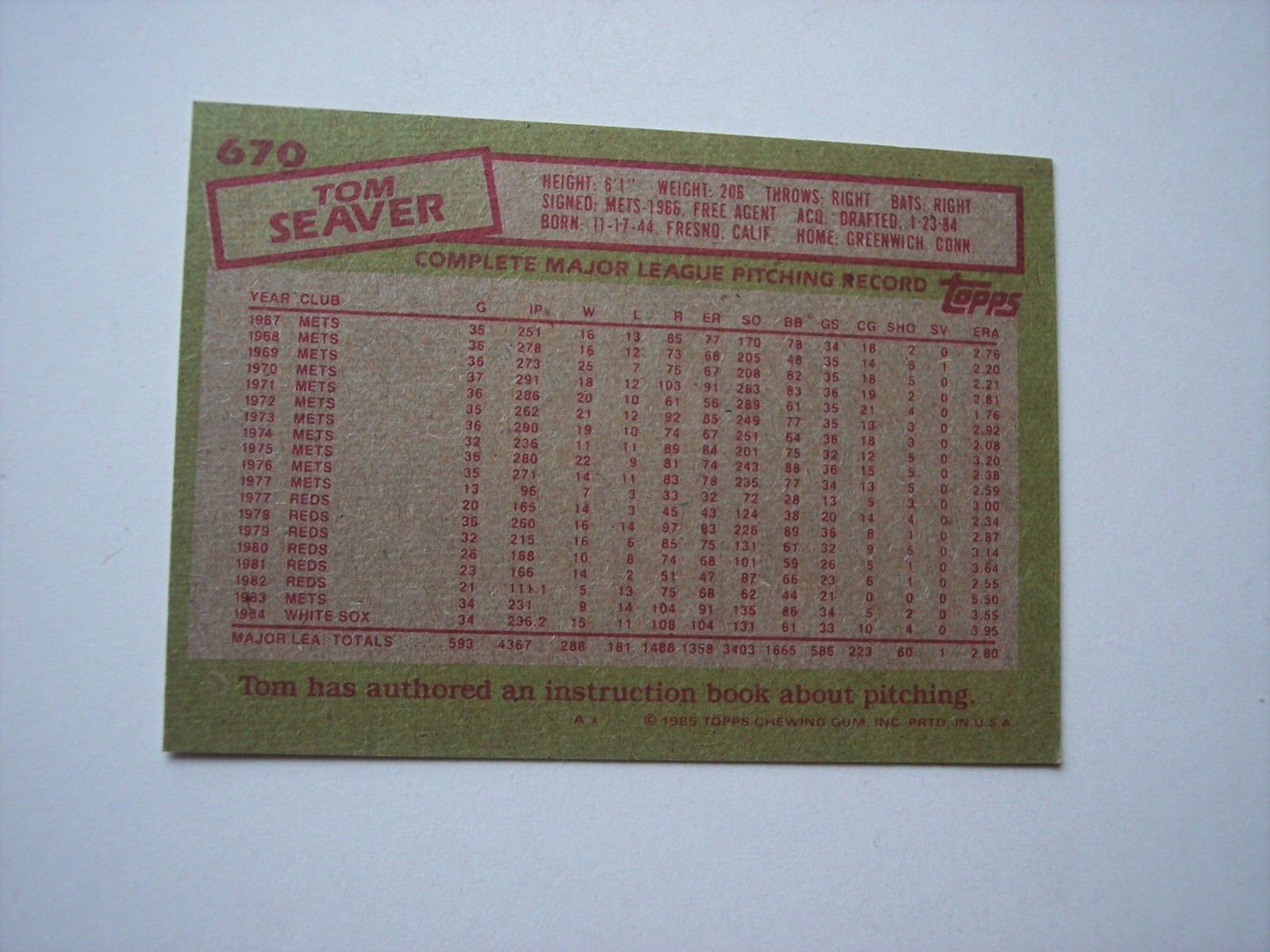 1985 Topps baseball Tom Seaver card #670 NM or better