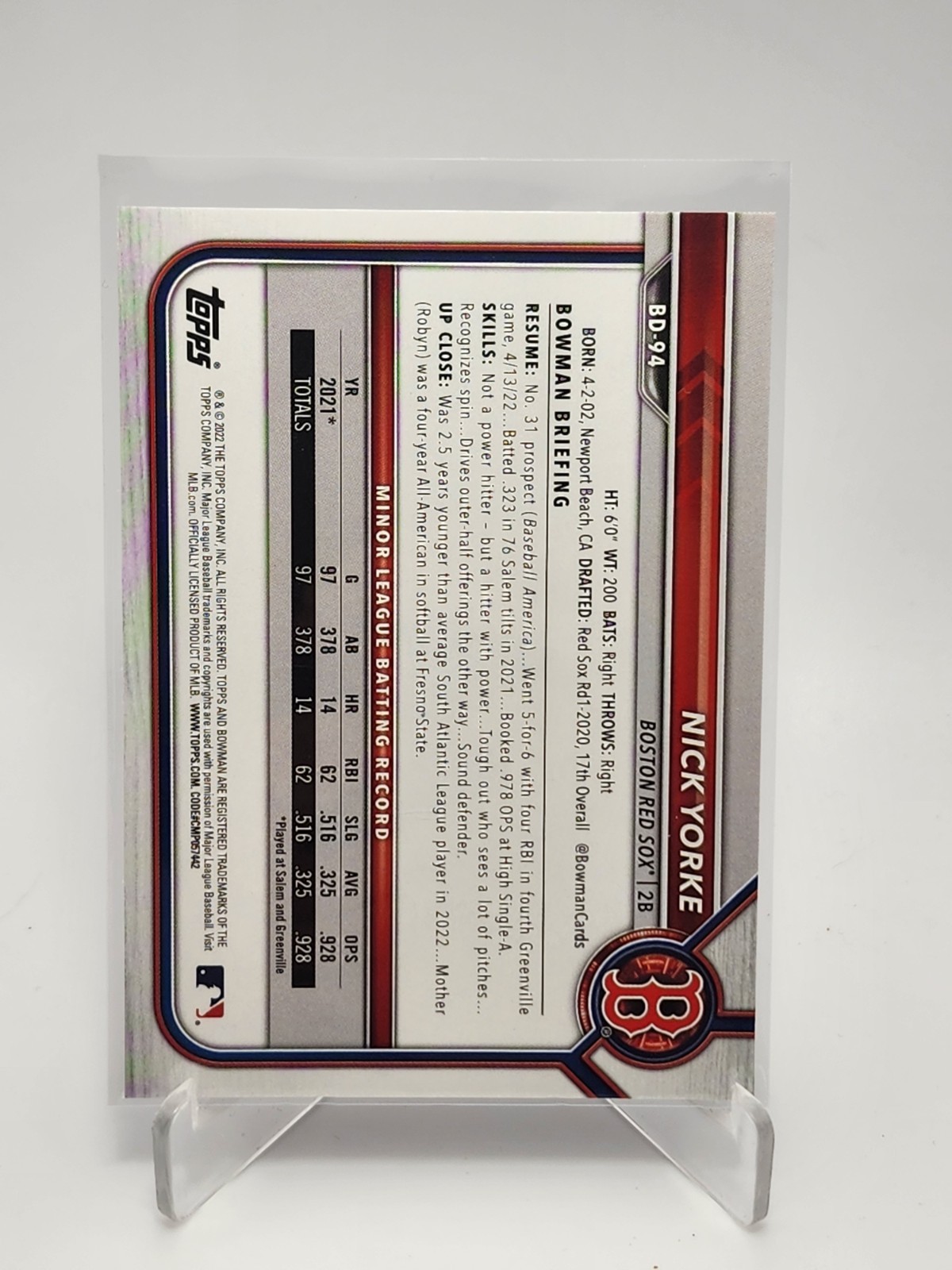 2022 Bowman Draft 1st Edition #BD-94 Nick Yorke