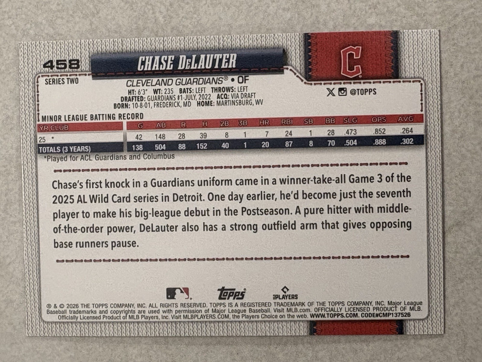 2026 Topps Series 2 Chase DeLauter Orange Sun Holo Foil RC #458 Guardians
