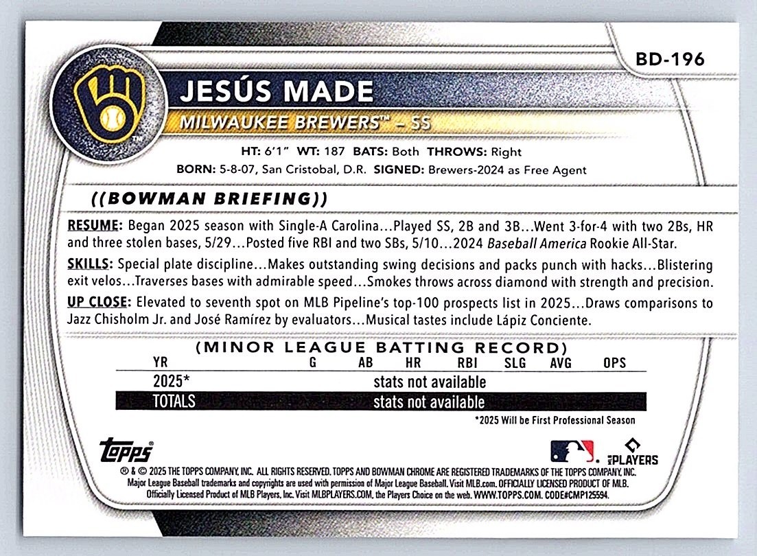 JESUS MADE BREWERS 2025 BOWMAN DRAFT #BD-196