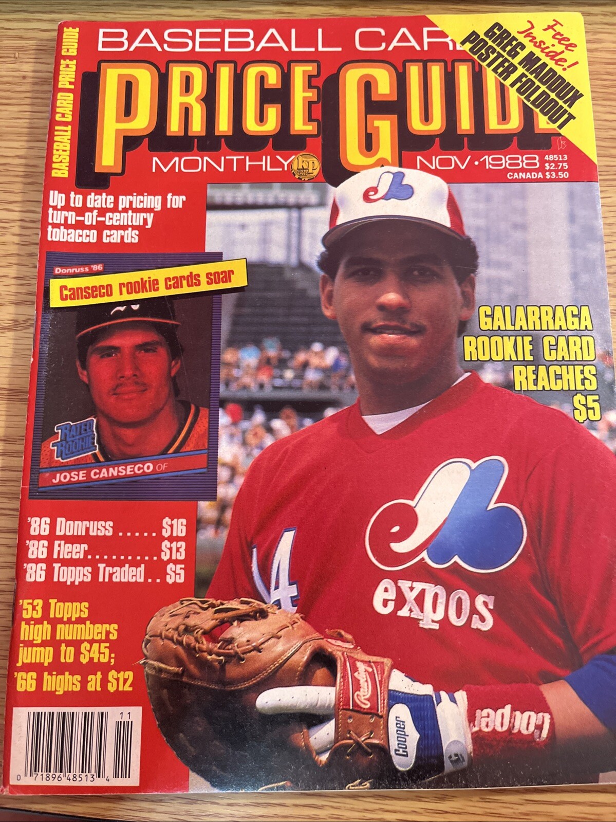 November 1988 Baseball Card Price Guide Galarraga w/ Greg Maddux Poster