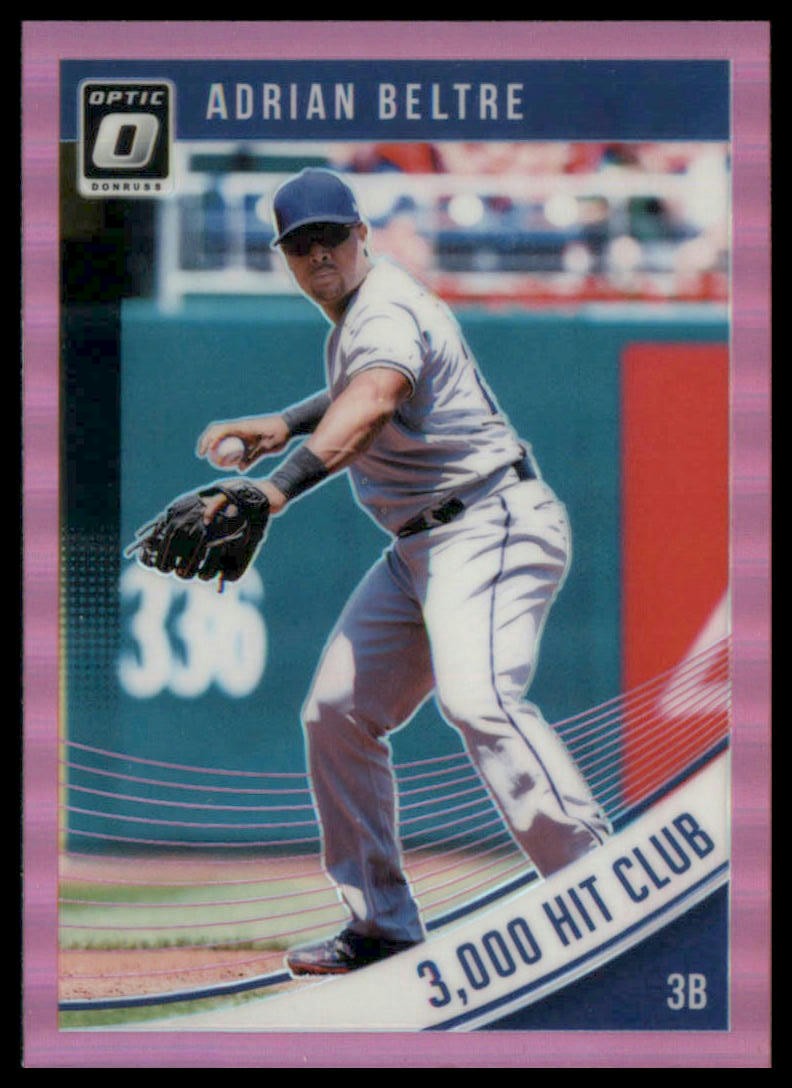 2018 Donruss Optic #148 Adrian Beltre Pink : “3,000 Hit Club” on front