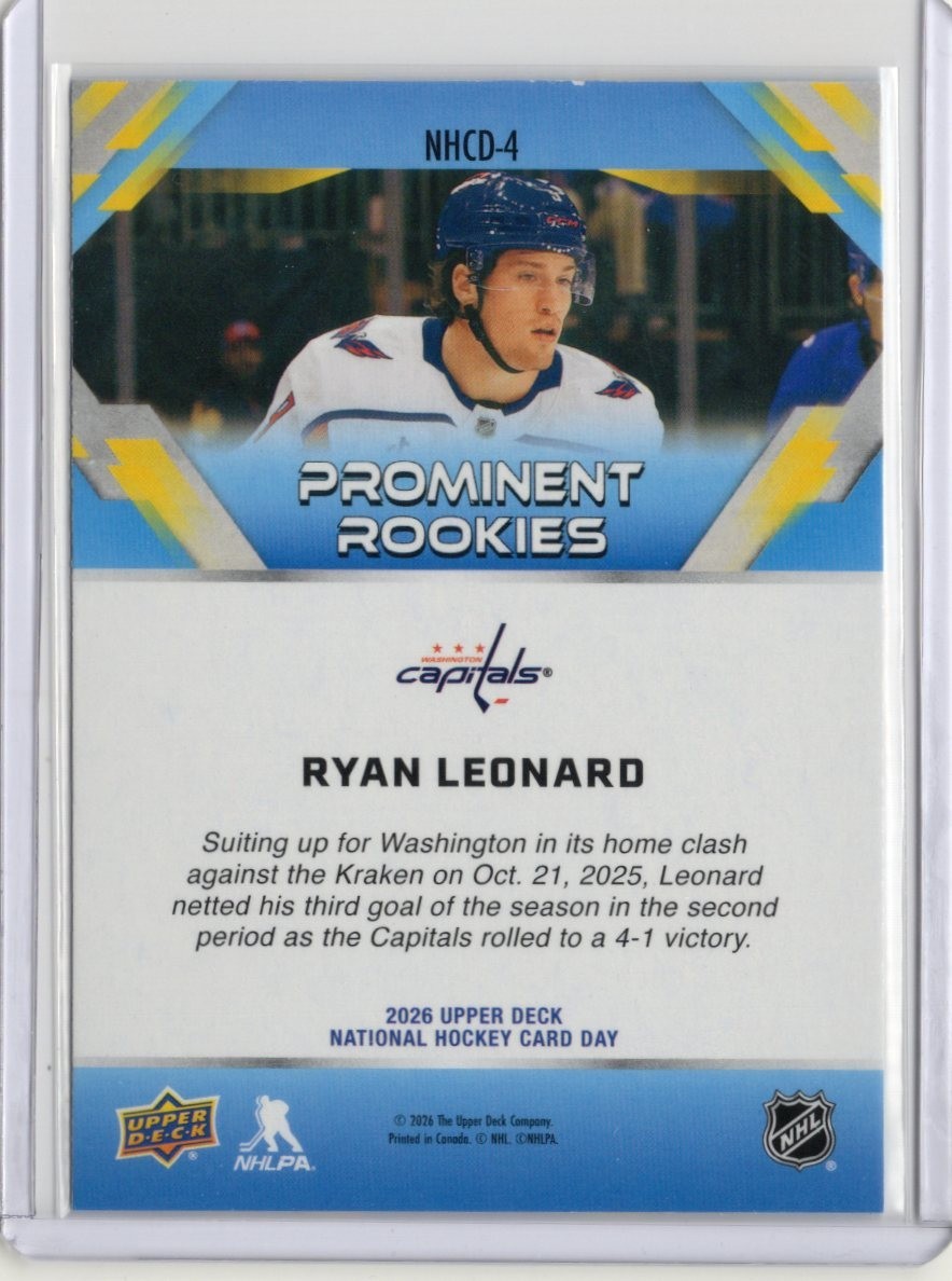 Upper Deck 2026 Rookie Ryan Leonard Capitals NHCD-4 Capitals Fire Sale!
