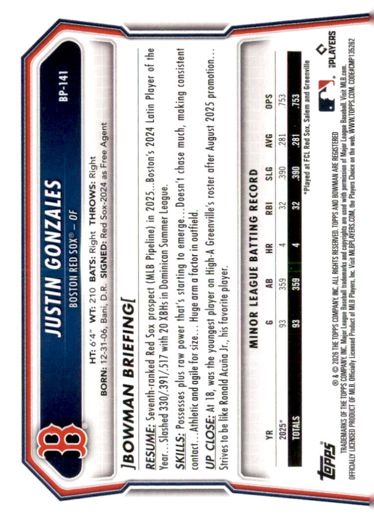 2026 Bowman Prospect Paper Justin Gonzales Boston Red Sox #BP-141 5 Card Lot