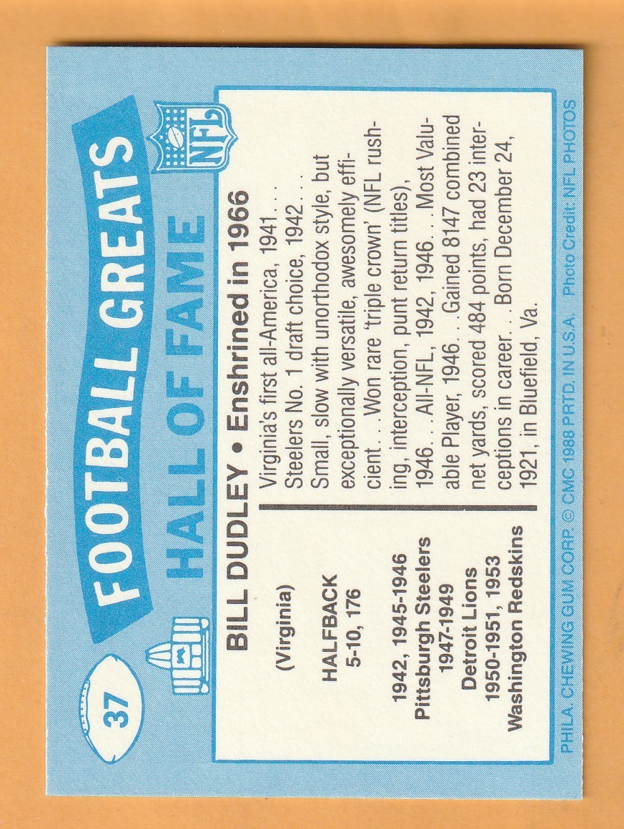 Bill Dudley Detroit Lions 1988 Swell Greats #37 Virginia Cavaliers