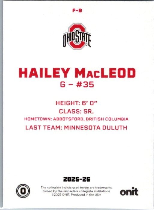 2025-26 ONIT NIL Ohio State Women’s Hockey #F-9 Hailey MacLeod Fusion Holo 10/10