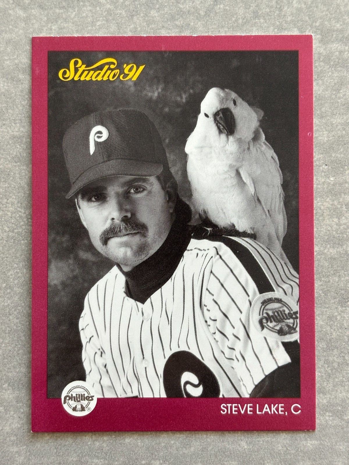 1991 Studio STEVE LAKE Phillies “Parrot on Shoulder” Funny Real Trading Card 216