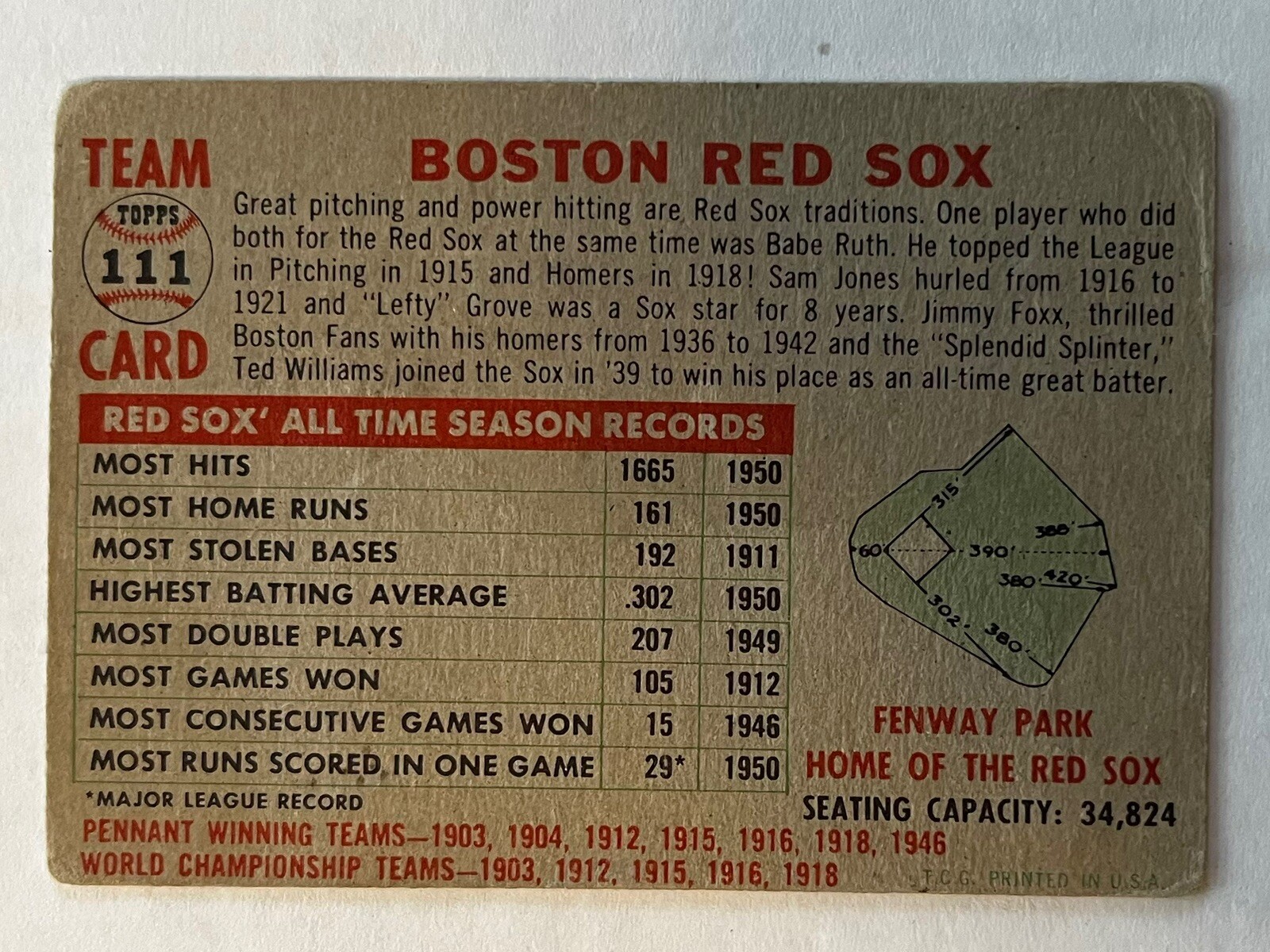 1956 Topps #111 Boston Red Sox Team Card B