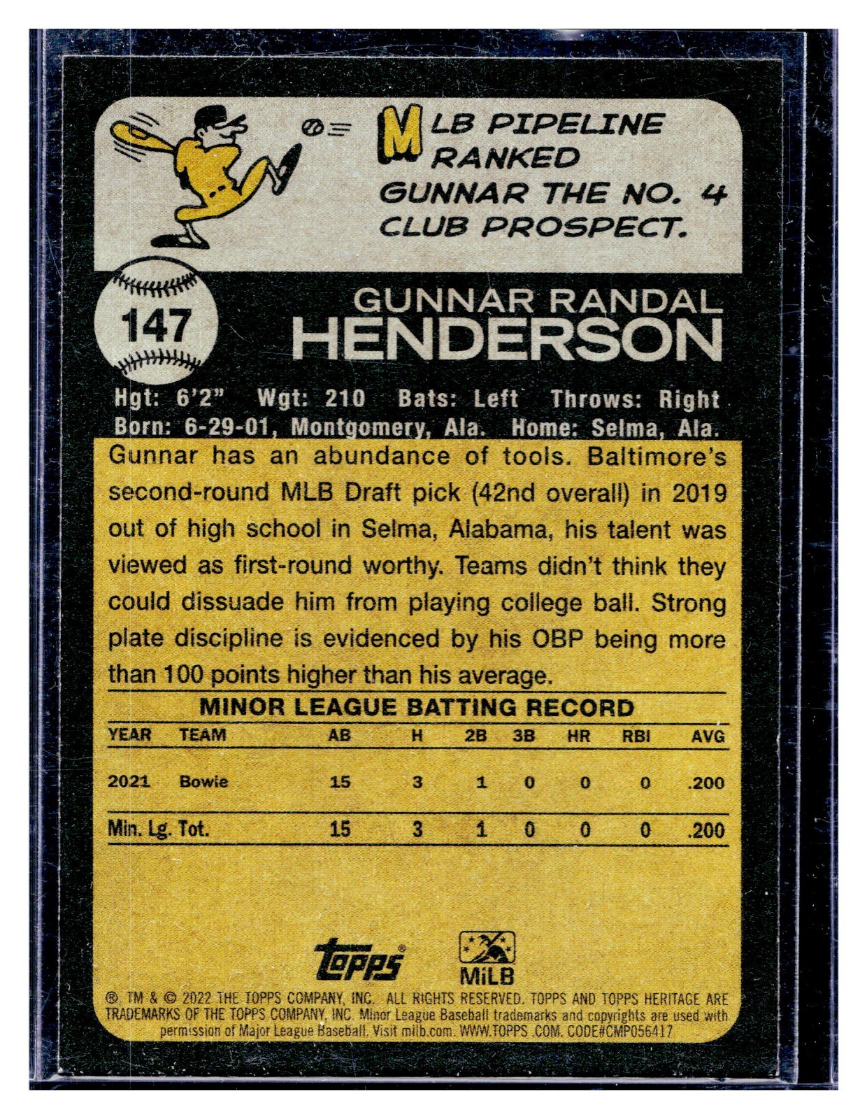 2022 TOPPS HERITAGE MINOR LEAGUE MLB Gunnar Henderson RC #147 Baltimore Rookie