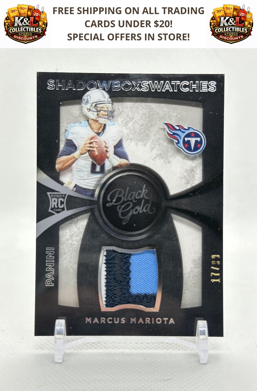2015 Panini Black Gold #SBS-MM Marcus Mariota Shadowbox Swatches White Gold #/99
