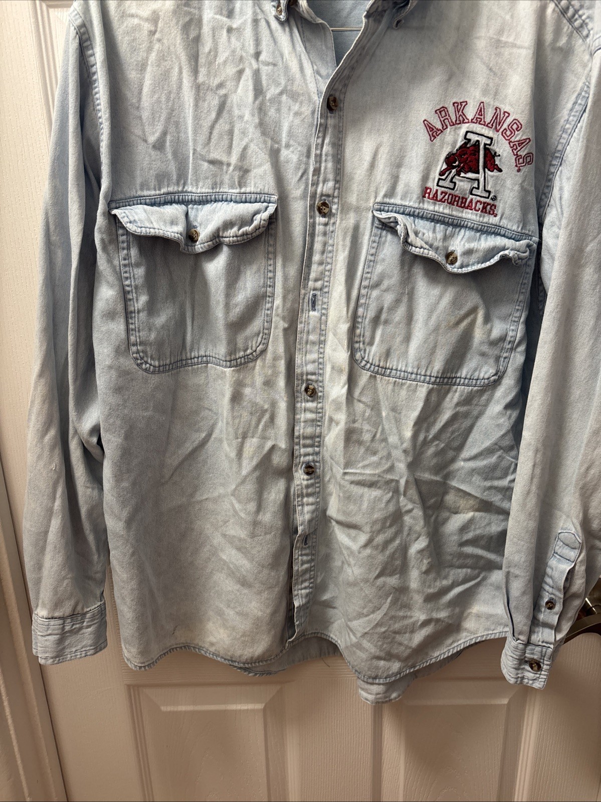 Vintage Arkansas Razorbacks Denim Shirt | Embroidered Logo | Large