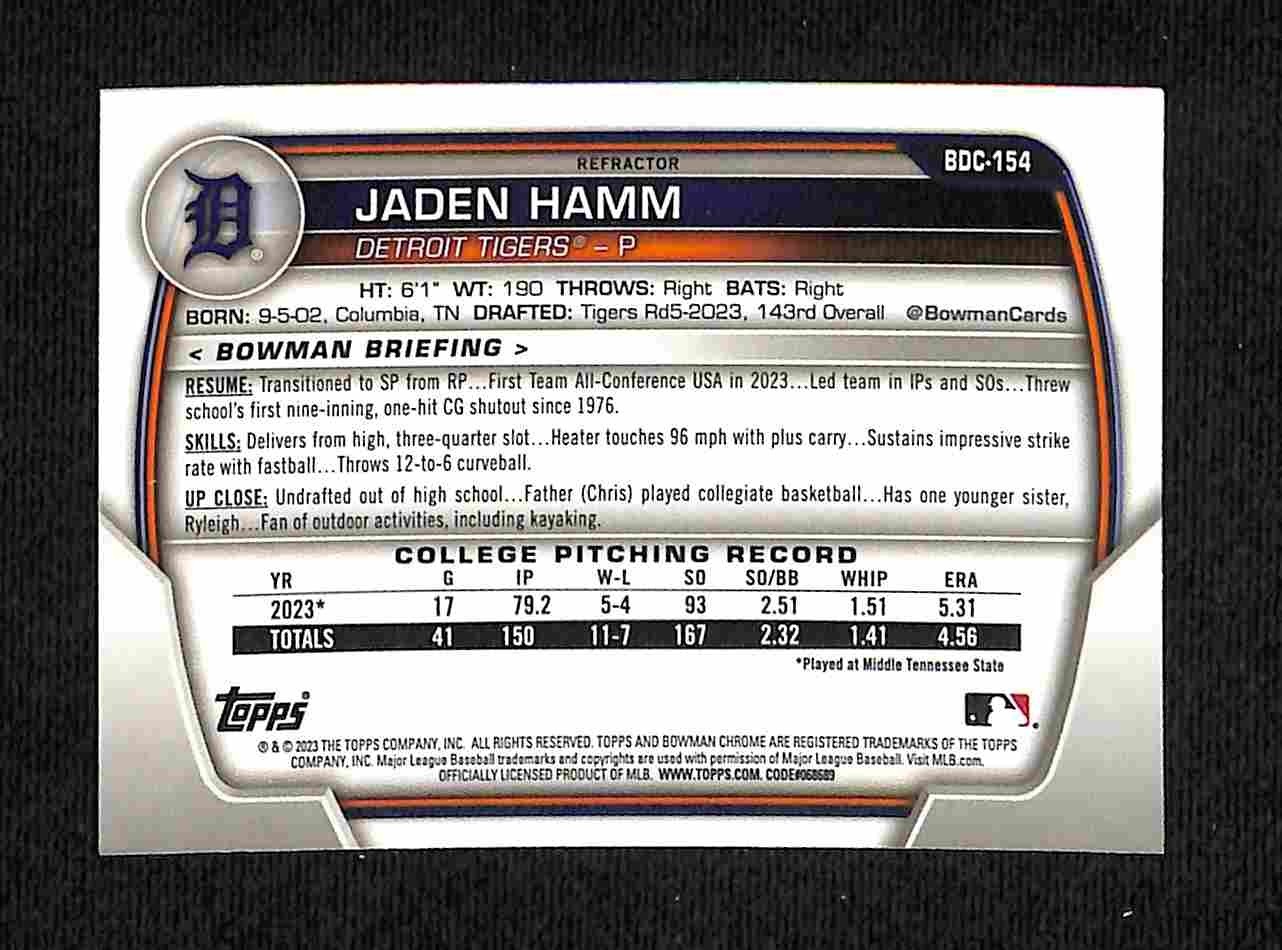 2023 Bowman Draft – Jaden Hamm Chrome Refractor 1st Bowman #BD-154 Tigers