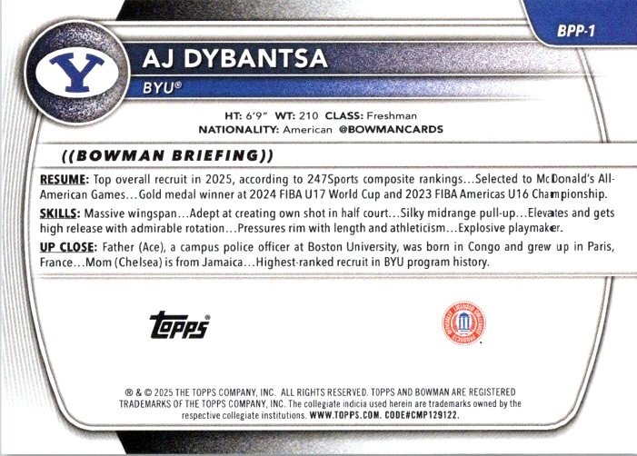AJ Dybantsa 2025-26 Topps Bowman Base 1st Bowman #BPP-1 – BYU