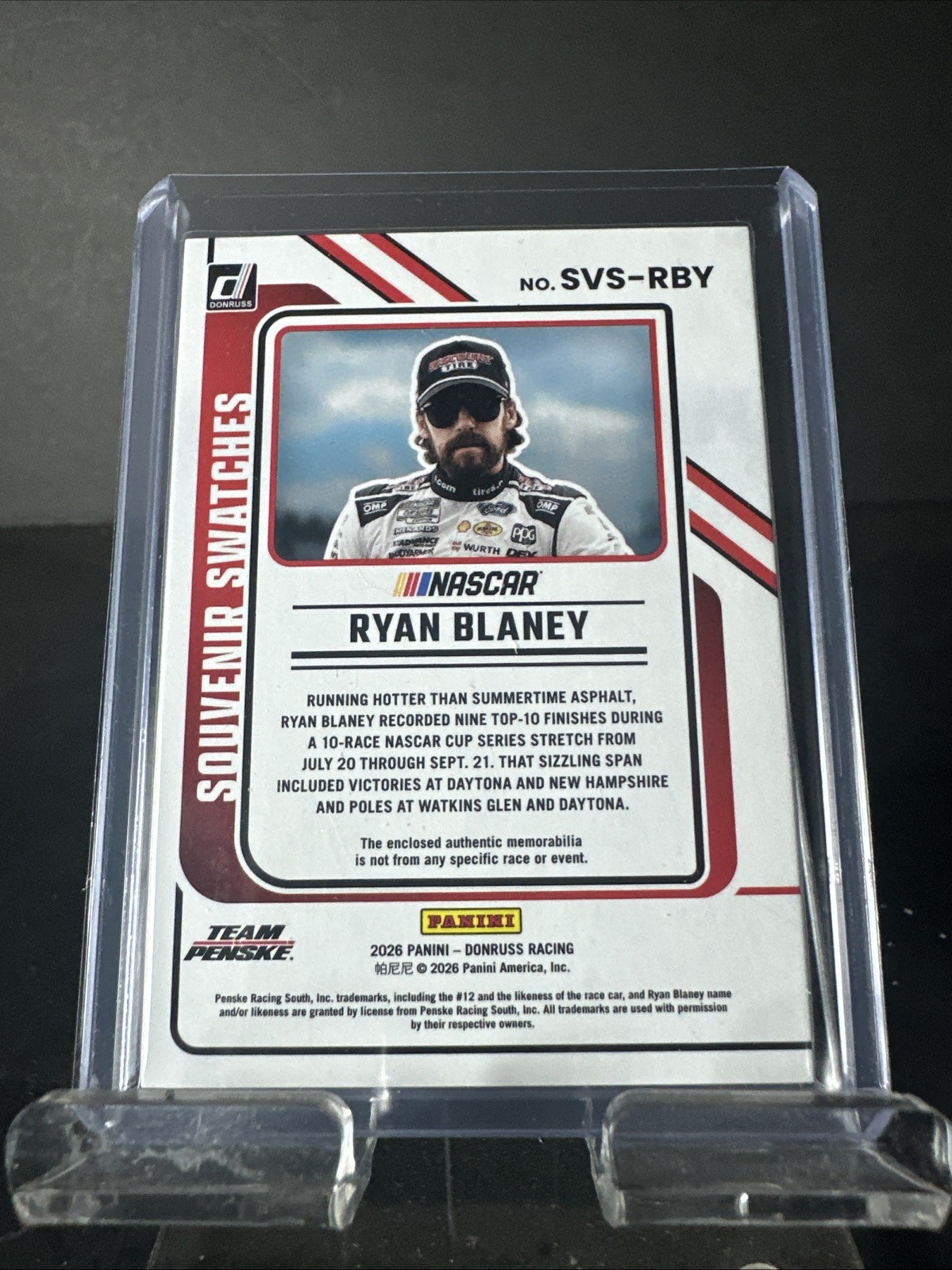 Ryan Blaney 2026 Panini Donruss Racing NASCAR Souvenir Swatches Base Relic