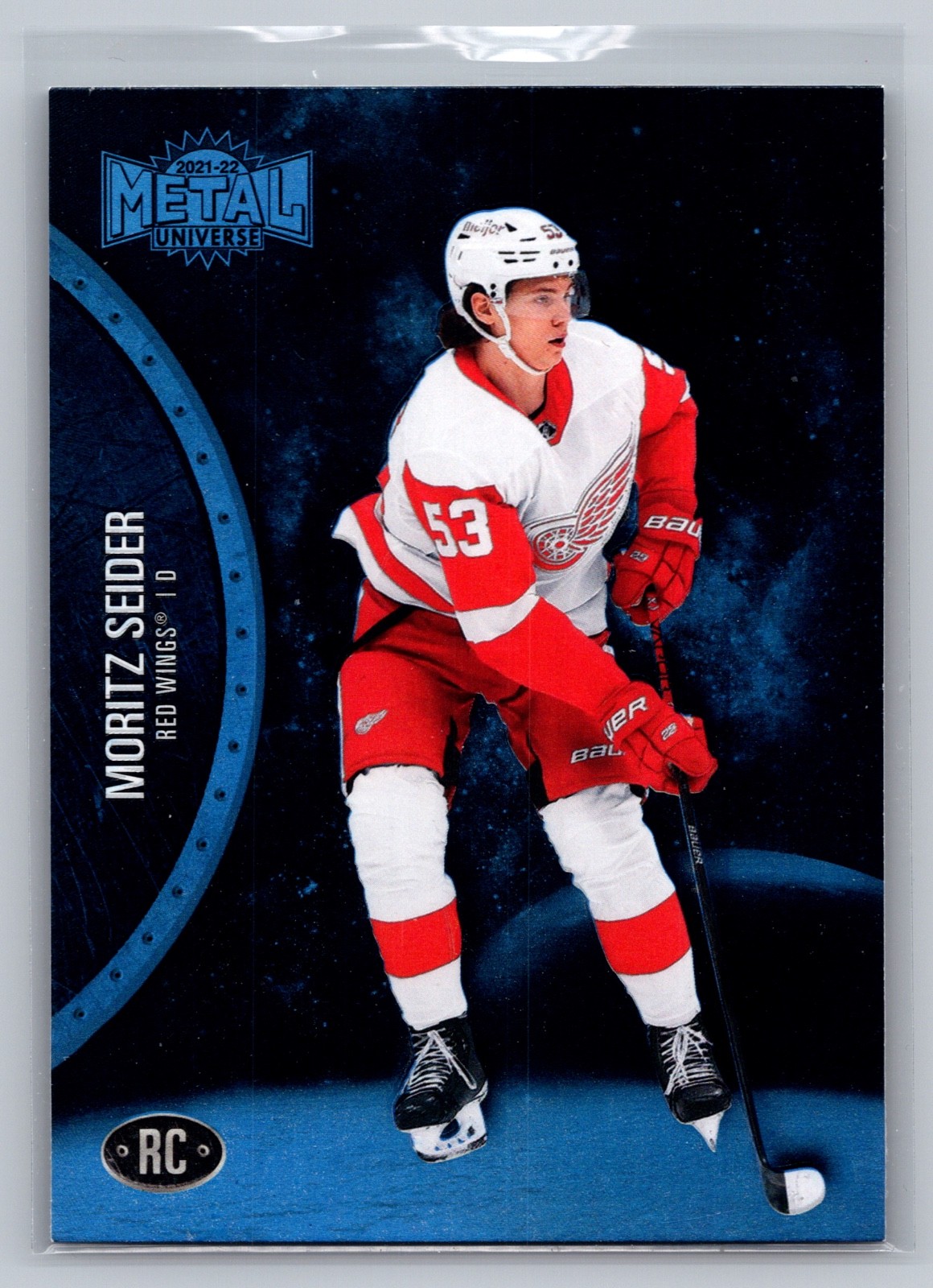 Moritz Seider 2021-22 Skybox Metal Universe Blue Spectrum Red Wings Rookie RC