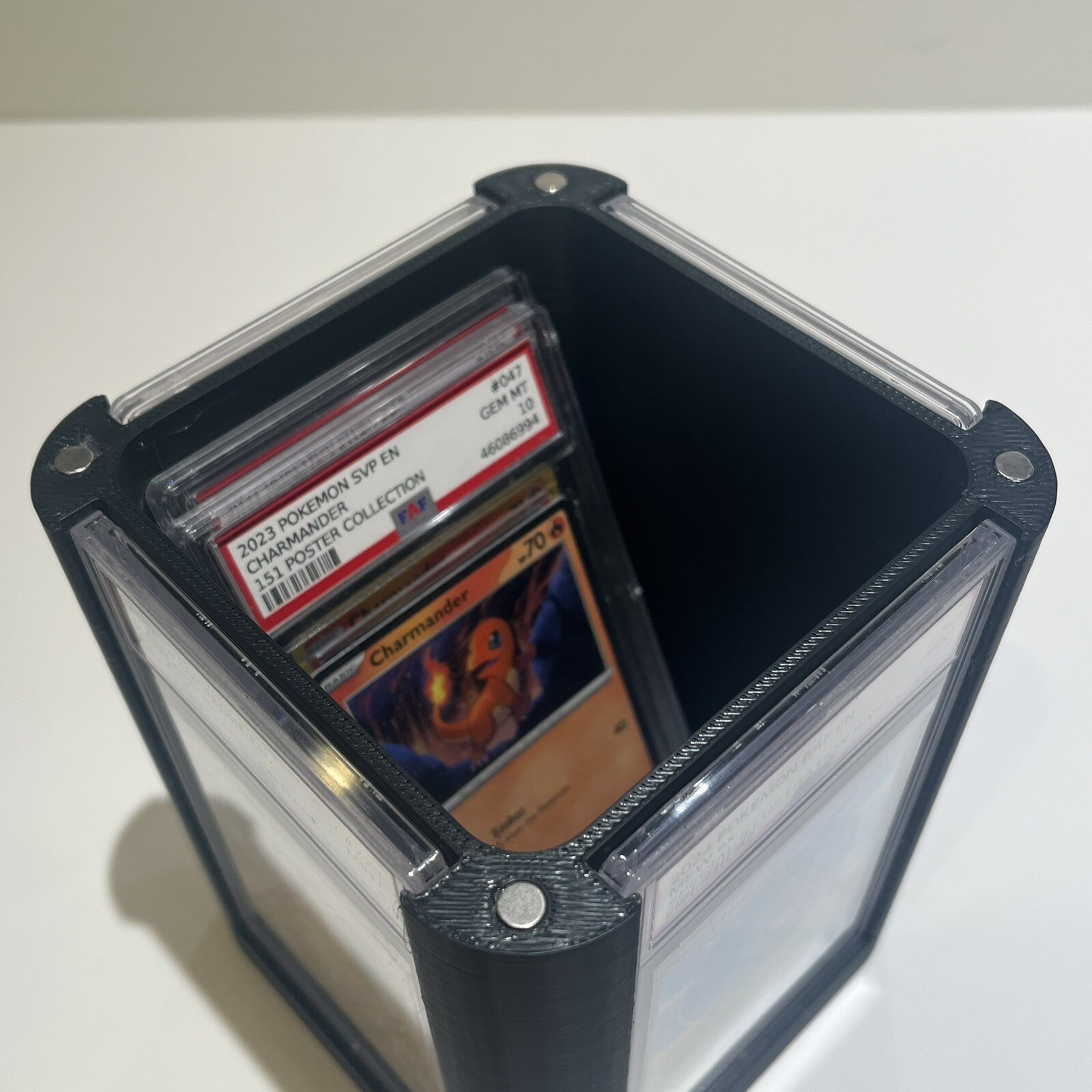 PSA Card Display | Rotatable w Storage, Magnetic Cover, Displays 4 Cards Pokemon