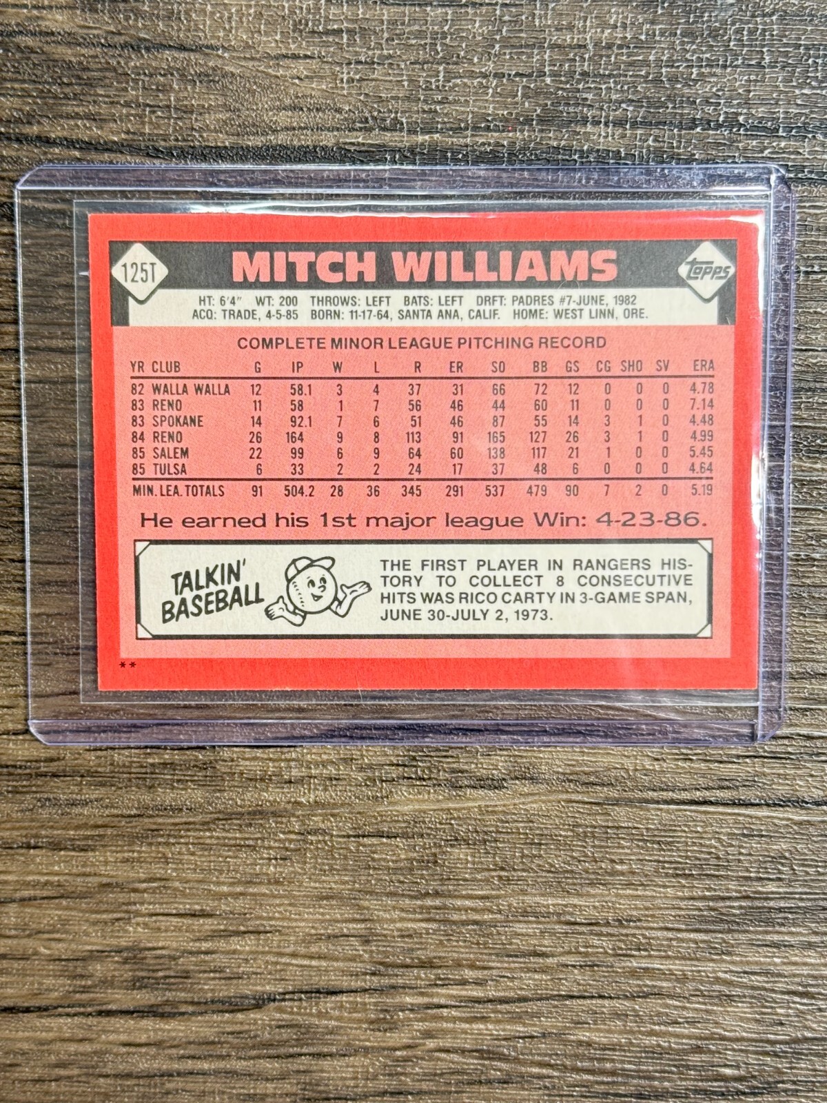 1986 Topps Traded MITCH “WILD THING” WILLIAMS ROOKIE CARD #125T RC Rangers