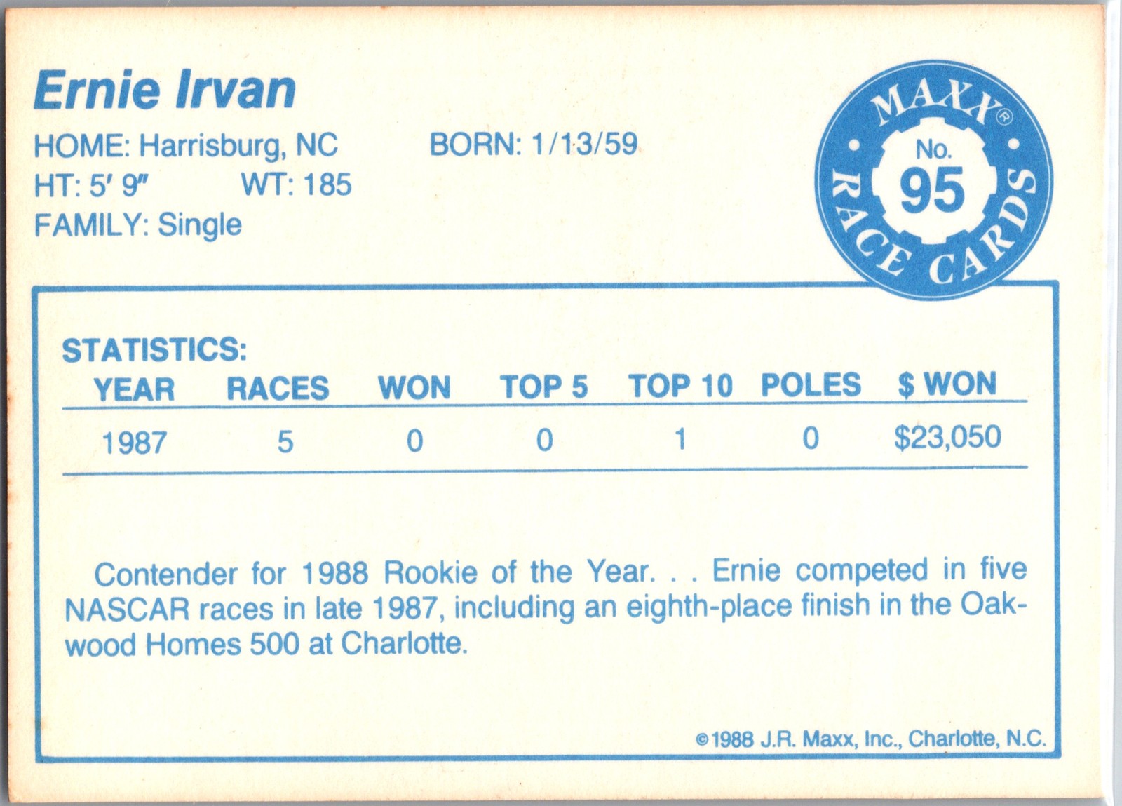 1988 Maxx #95 Ernie Irvan ~ RAZOR SHARP GRADABLE RC ~