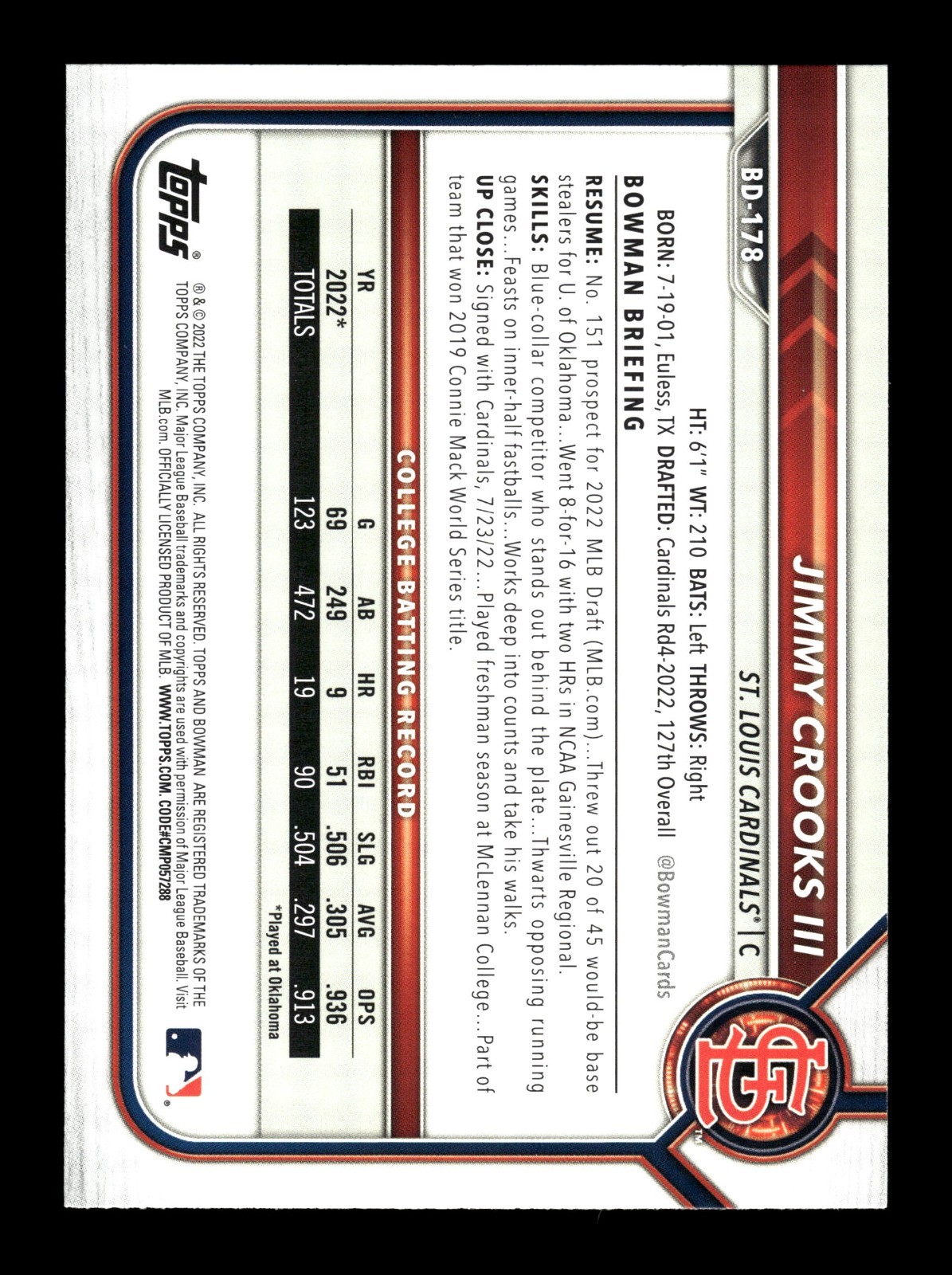 JIMMY CROOKS III ⚾ 2022 Bowman Draft #BD-178 St. Louis Cardinals