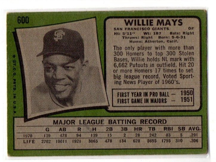 1971 Topps #600 WILLIE MAYS San Francisco Giants HOF VG-VGEX VINTAGE 1960S 351B