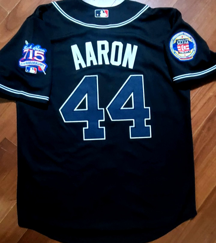 NEW Atlanta Braves #44 Hank Aaron 715HR Dual Patch Stitched LIMITED Jersey BLACK