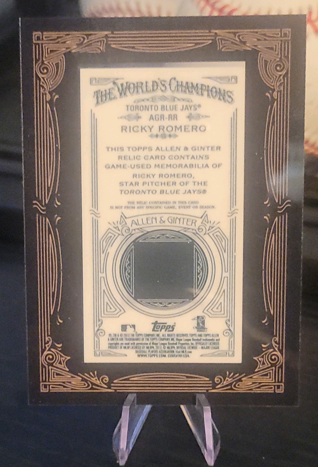 Topps 2012 Allen & Ginter’s Ricky Romero Framed Mini Relic #AGR-RR Jays