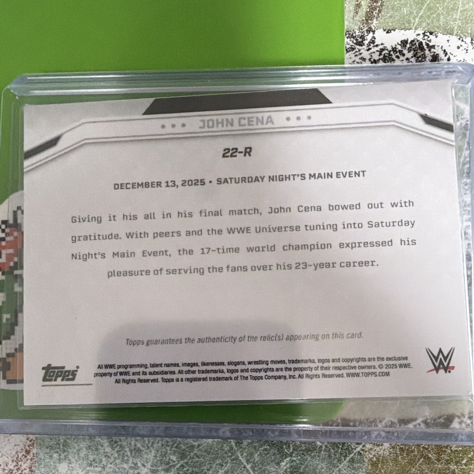 Topps 2025 WWE John Cena Saturday Night’s Main Event Relic 22-R 14/25