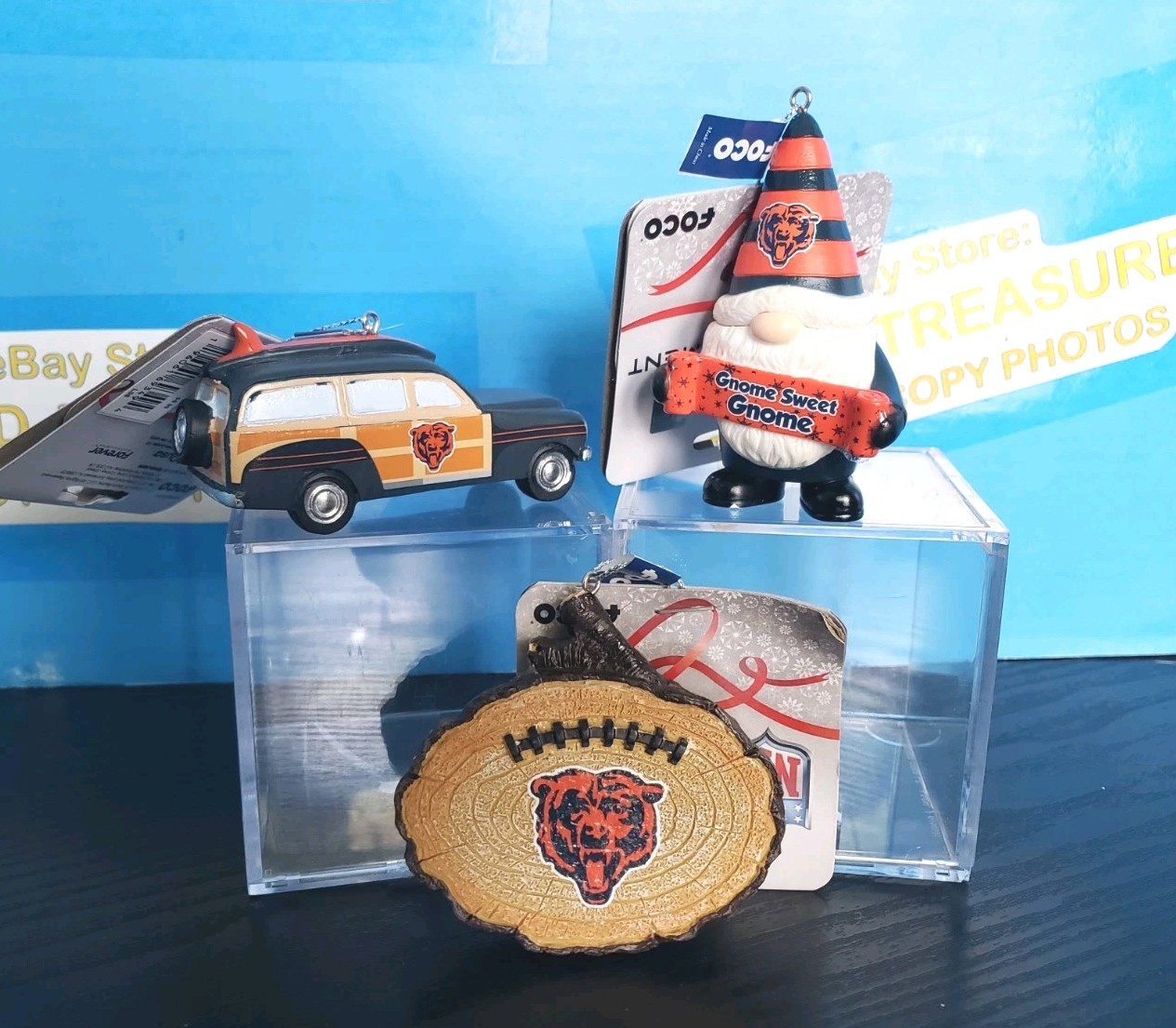 LOT OF 3 *NEW* FOCO NFL CHICAGO BEARS CHRISTMAS ORNAMENTS Stump Gnome Wagon Tags