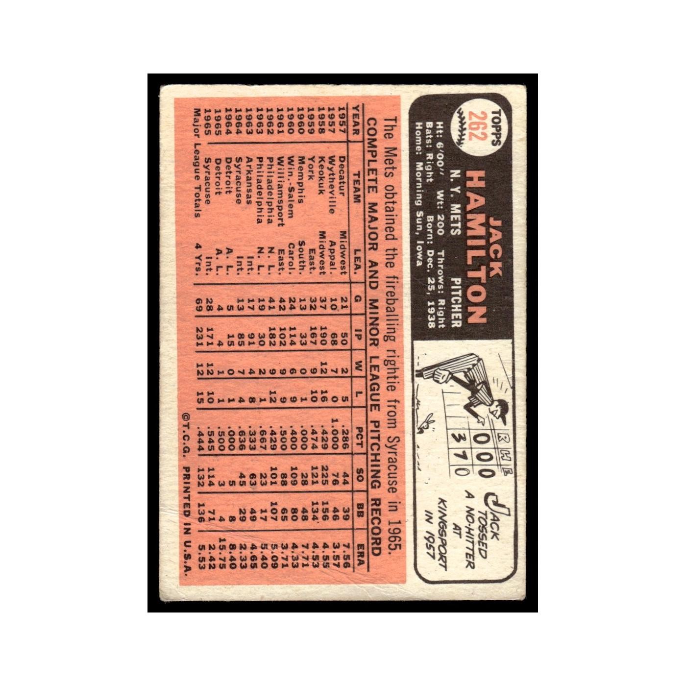 Jack Hamilton 1966 Topps (damaged) #262 New York Mets Baseball Card Poor